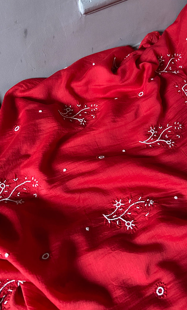Women's Lakhnavi Handcrafted Mul Chanderi Unstitched Chikankari Full Suit Material -HONC0272784