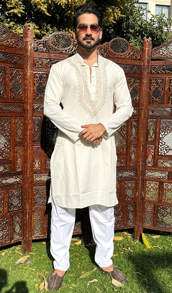 Men's Lucknowi Handcrafted Cotton Chikankari Kurta - HONC0342354