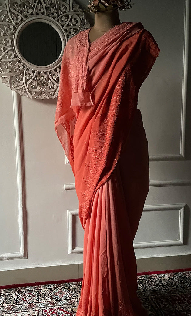 Women's Lakhnavi Handcrafted Viscose Georgette Chikankari Saree - HONC0318167