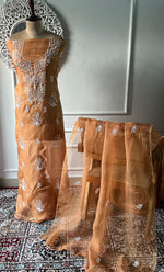 将图像加载到图库查看器中， Women's Lakhnavi Handcrafted Pure Organza Chikankari Unstitched Kurta And Dupatta Set- HONC0319189