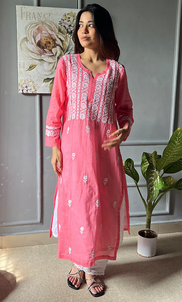 Women's Lakhnavi Handcrafted Kota Cotton Chikankari Kurti - HONC0305766