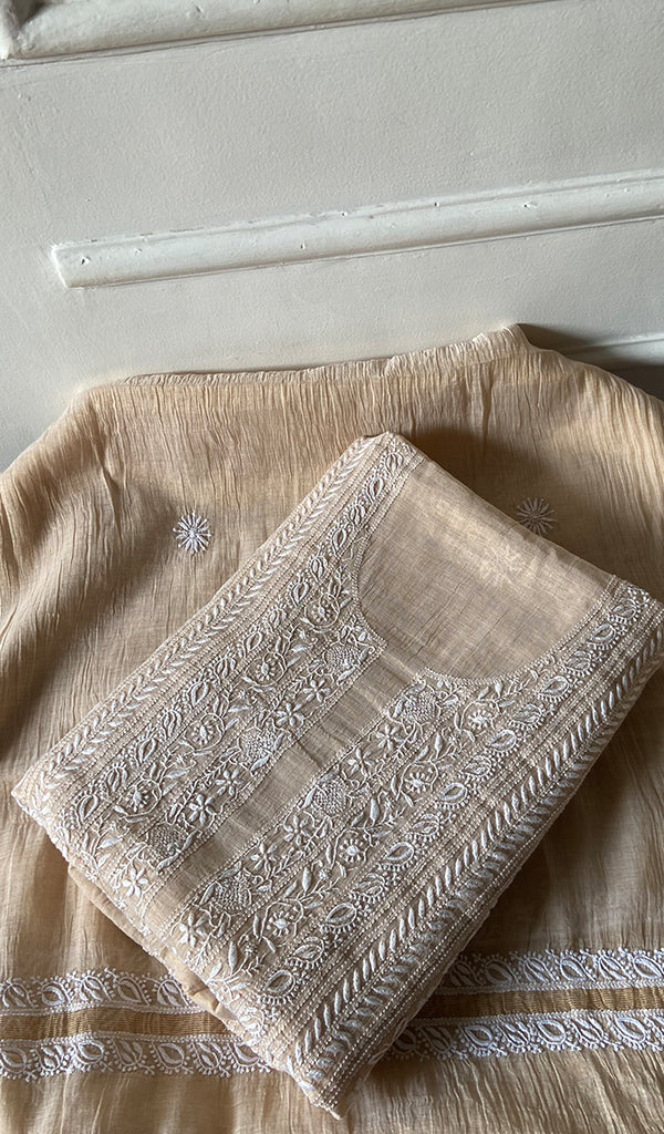 Women's Lakhnavi Handcrafted Tissue Chanderi Unstitched Chikankari Kurta And Dupatta Set - HONC0352502