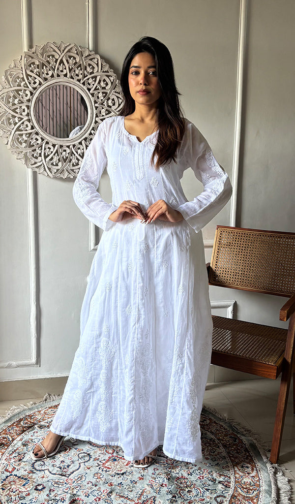 Alamzaib Women's Lucknowi Handcrafted Cotton Chikankari Anarkali Dress - HONC0206764