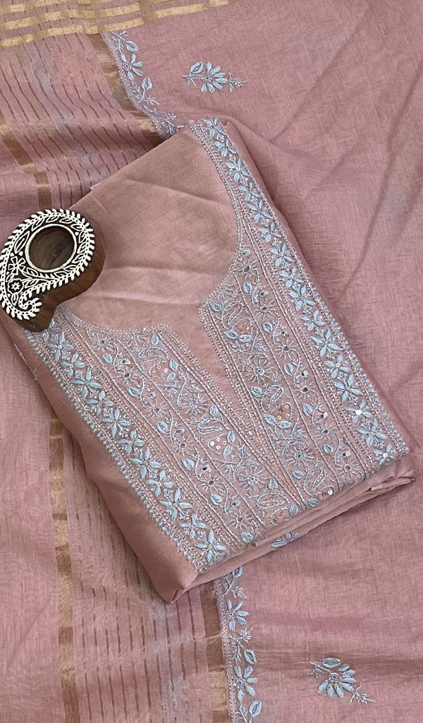 Women's Lakhnavi Handcrafted Chanderi Silk Chikankari Full Suit Material - HONC0126268