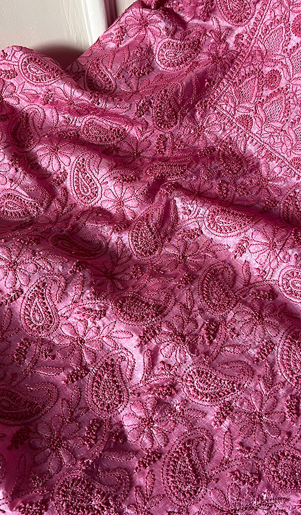 Women's Lakhnavi Handcrafted Tussar Silk Chikankari Unstitched Kurti Fabric - HONC0255933