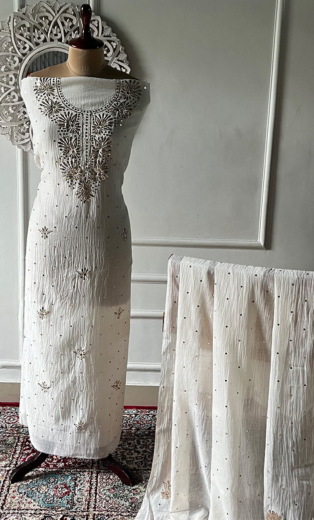 Women's Lakhnavi Handcrafted Mul Chanderi Unstitched Kurta And Dupatta Set- HONC0338716