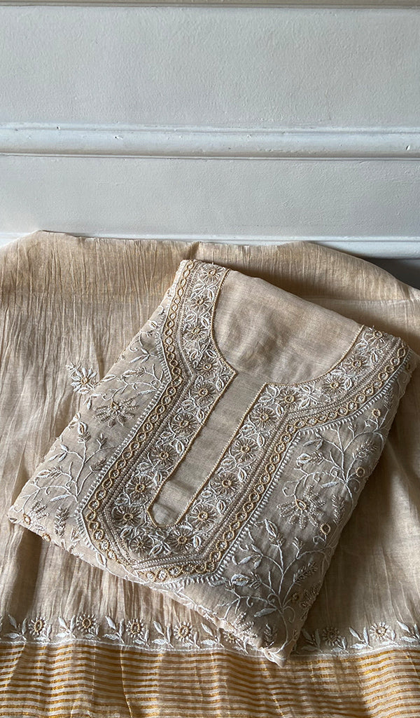 Women's Lakhnavi Handcrafted Tissue Chanderi Chikankari Unstitched Kurta Dupatta Set - HONC0352167