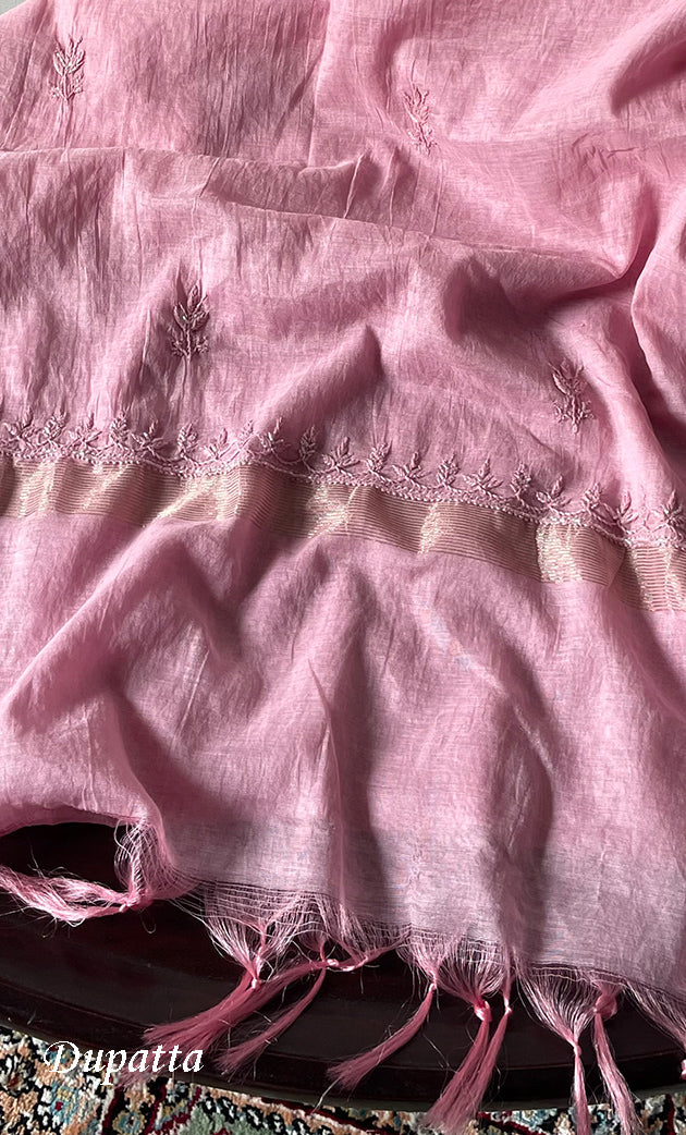 Women's Lakhnavi Handcrafted Mul Chanderi Unstitched Chikankari Full Suit Material - HONC0314659