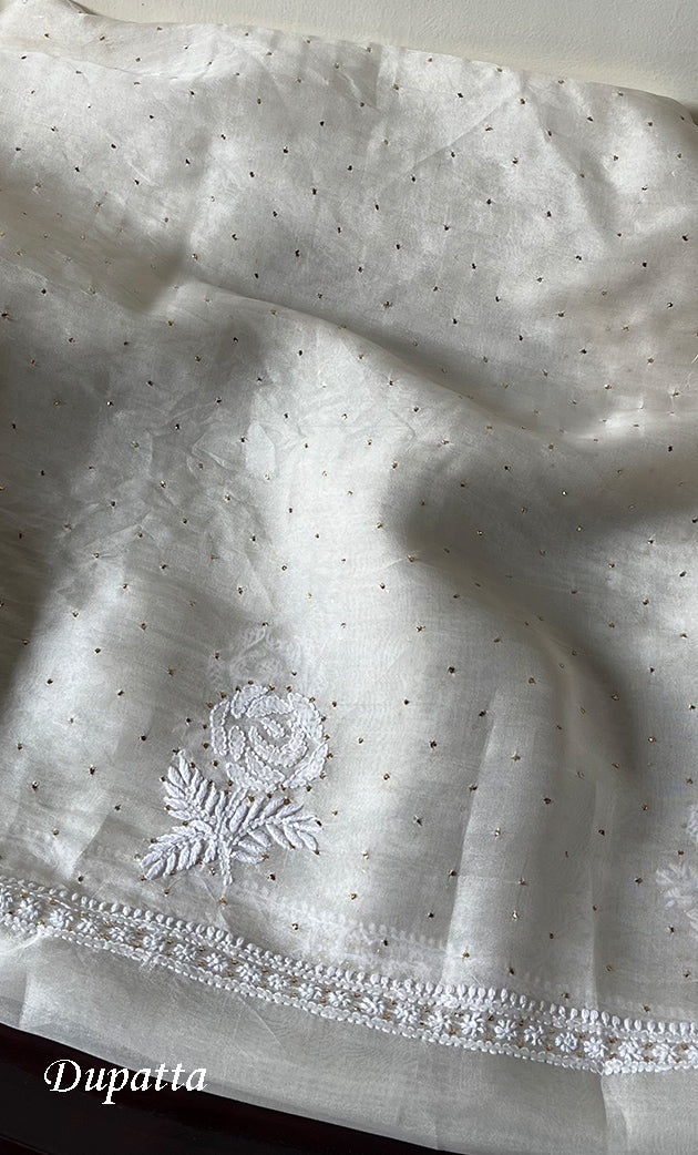 Afeera Women's Lakhnavi Handcrafted Pure Organza Chikankari Unstitched Kurta And Dupatta Set- HONC0302221