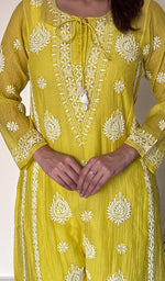 Ira Women's Lucknowi Handcrafted Mul Chanderi Stitched Chikankari Kurta And Plazzo Set .