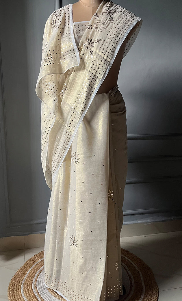 Women's Lakhnavi Handcrafted  Tissue Chanderi Chikankari Saree - HONC0304301