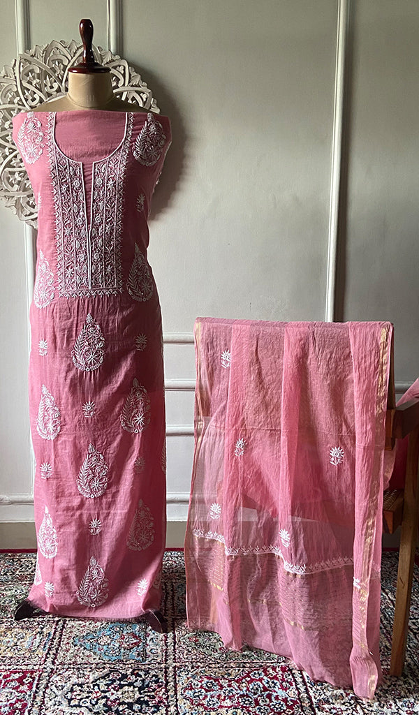 Women's Lakhnavi Handcrafted Mul Chanderi Unstitched Chikankari Full Suit Material - HONC0338252