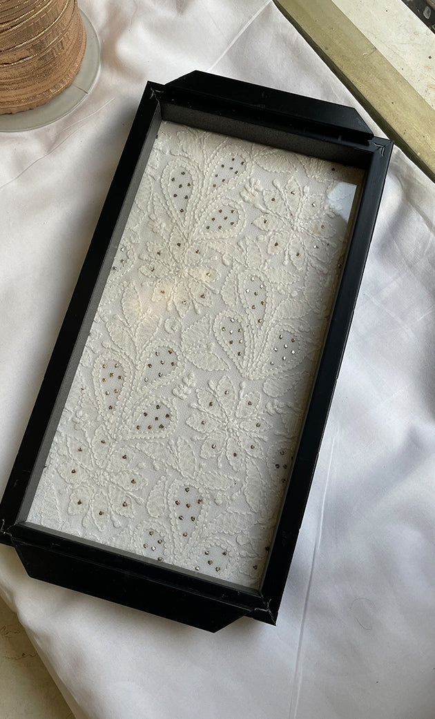 Handcrafted Chikankari Tray with Two Coasters – Wooden Frame - HONC0269376