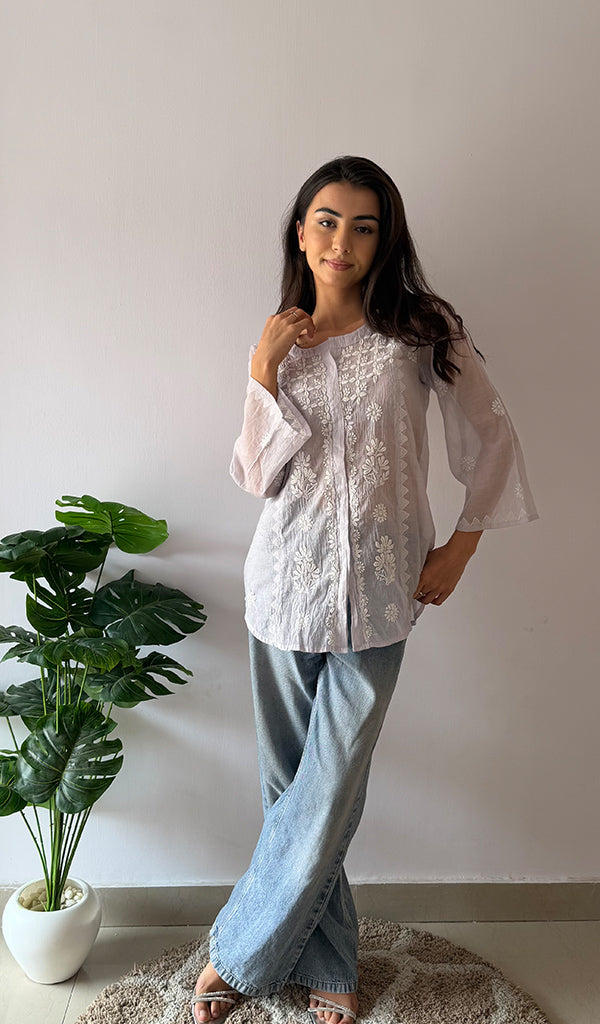 Vaanya Women's Lakhnavi Handcrafted Mul Chanderi Chikankari Top - HONC0373146