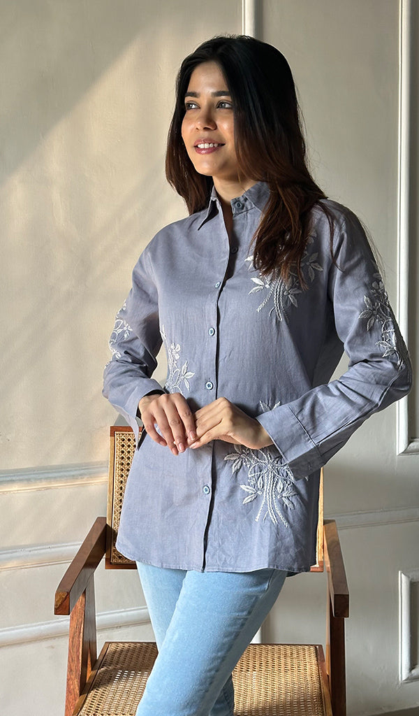 Women's Lucknowi Handcrafted Slub Cotton Chikankari Shirt - HONC0299099