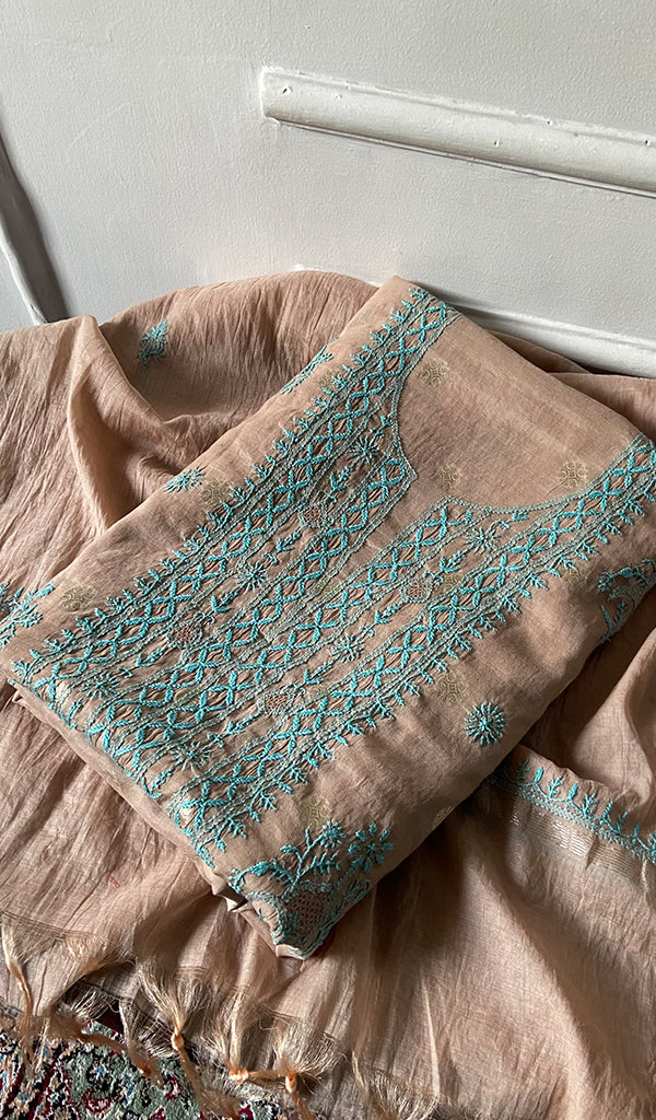 Women's Lakhnavi Handcrafted Chanderi Silk Unstitched Chikankari Full Suit - HONC0321895