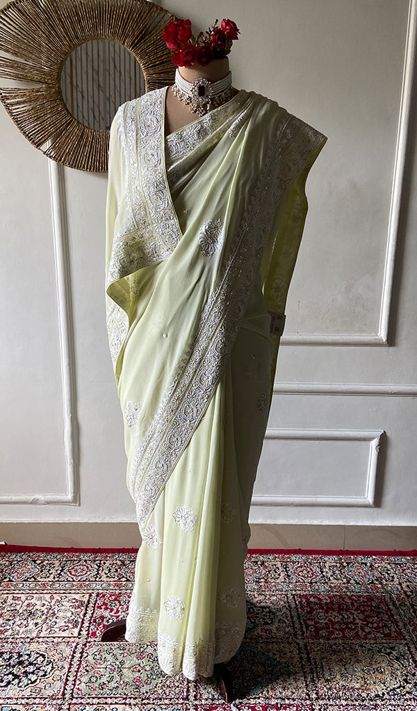 Women's Lakhnavi Handcrafted Pure Silk Georgette Chikankari Saree - HONC0358685
