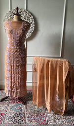 Load image into Gallery viewer, Women's Lakhnavi Handcrafted Mul Chanderi Unstitched Chikankari Full Suit Material - HONC0300387