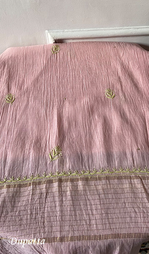 Women's Lakhnavi Handcrafted Maheshwari Mul Chanderi Semi - Stitched Chikankari Full Suit Material - HONC