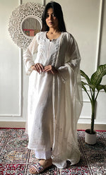 Load image into Gallery viewer, Women's Lakhnavi Handcrafted Mul Chanderi Chikankari Stitched Kurta, Dupatta And Pant Set - HONC0323124