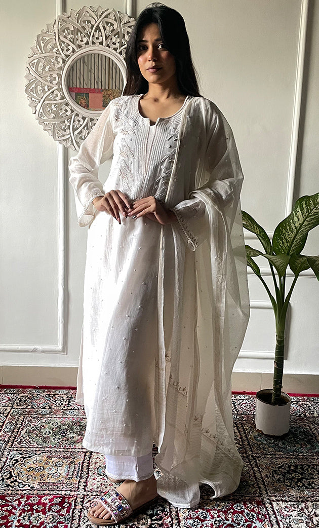 Chidiya Women's Lakhnavi Handcrafted Mul Chanderi Chikankari Stitched Kurta, Dupatta And Pant Set - HONC0323124
