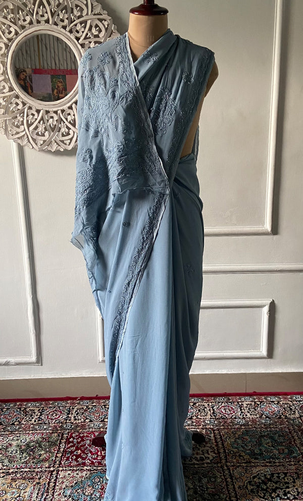 Women's Lakhnavi Handcrafted Viscose Georgette Chikankari Saree - HONC02329020