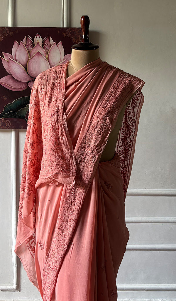 Women's Lakhnavi Handcrafted Viscose Georgette Chikankari Saree - HONC0337525