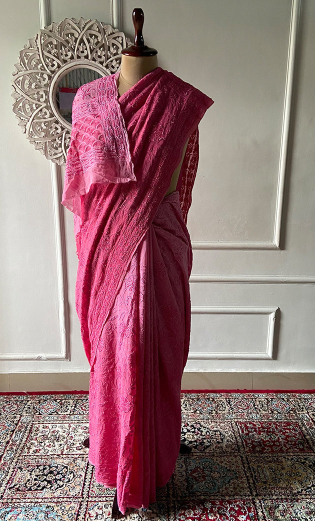 Women's Lakhnavi Handcrafted Pure Silk Georgette Chikankari Saree - HONC0327292