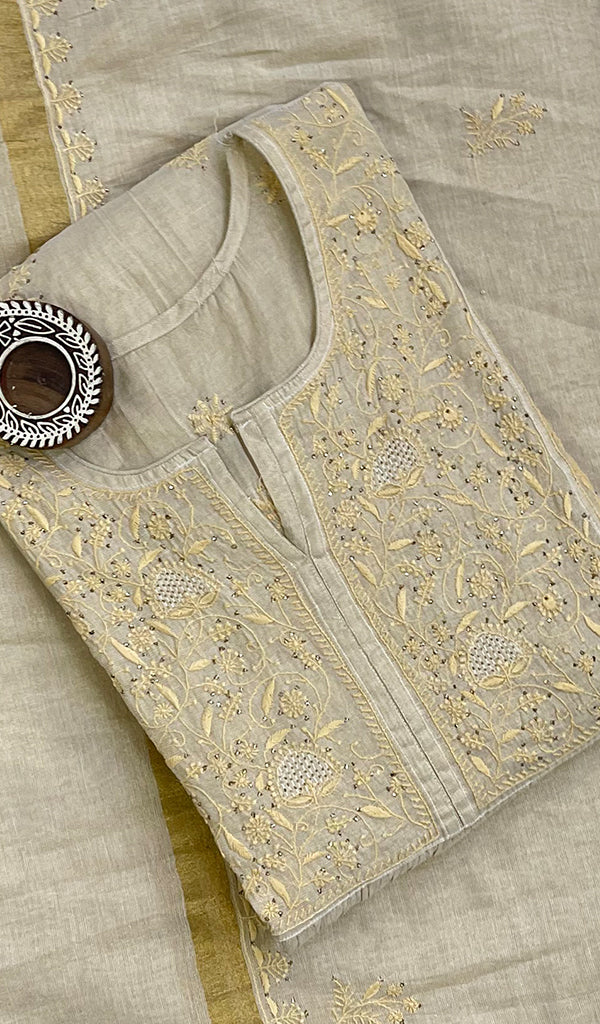 Women's Lakhnavi Handcrafted Tissue Chanderi Chikankari Semi Stitched Kurta And Dupatta Set- HONC0113787
