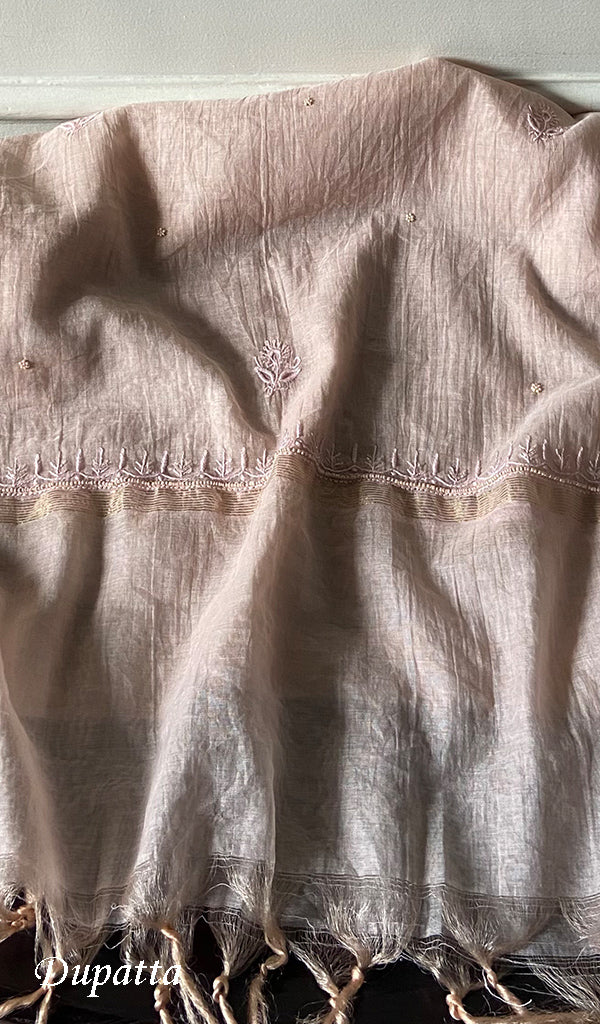Women's Lakhnavi Handcrafted Mul Chanderi Unstitched Chikankari Full Suit Material - HONC0345055