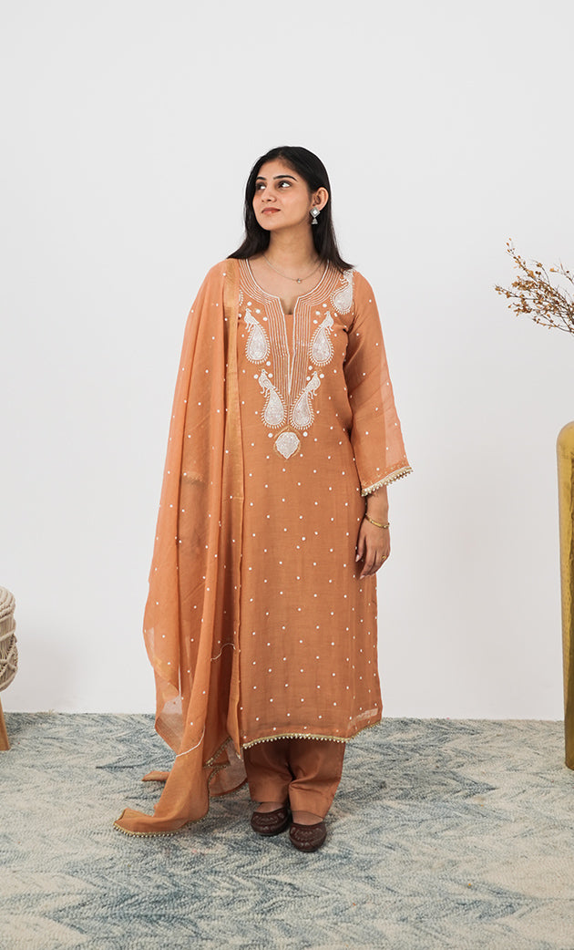 Mor Women's Lakhnavi Handcrafted Mul Chanderi Chikankari Stitched Kurta, Dupatta And Pant Set - HONC03144550