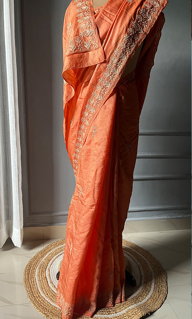 Women's Lakhnavi Handcrafted Tussar Silk Chikankari Saree - HONC0302377
