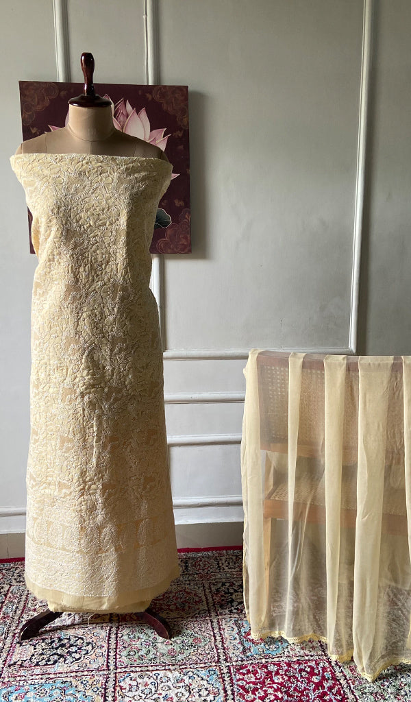 Women's Lakhnavi Handcrafted Cotton Unstitched Chikankari Suit Material - HONC0354998