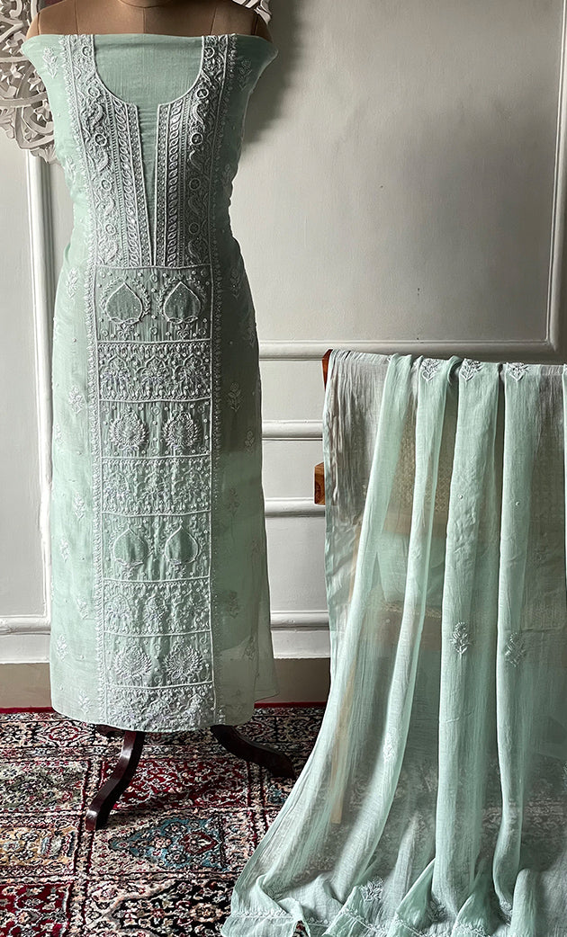 Women's Lakhnavi Handcrafted Unstitched Mul Chanderi Kurta And Dupatta Set - HONC0329041