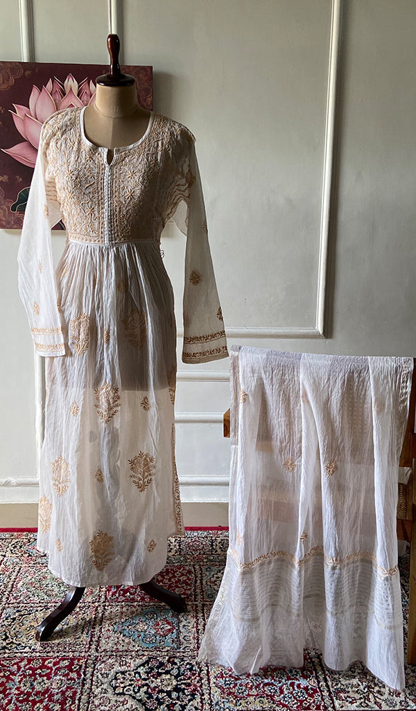 Women's Lakhnavi Handcrafted Mul Chanderi Semi - Stitched Kurta And Dupatta Set - HONC0274495