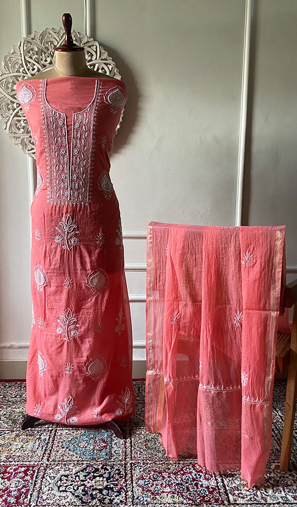 Women's Lakhnavi Handcrafted Mul Chanderi Unstitched Chikankari Full Suit Material - HONC0338249