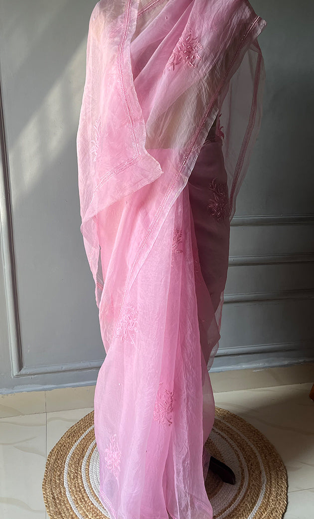 Amna Women's Lucknowi Handcrafted Pure Organza Silk Chikankari Saree - HONC0283191