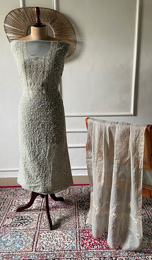 Women's Lakhnavi Handcrafted Mul Chanderi Unstitched Chikankari Full Suit - HONC0353415