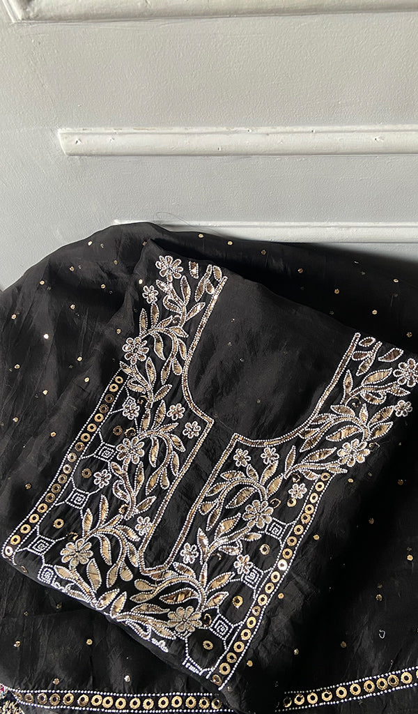 Women's Lakhnavi Handcrafted Pure Organza  Silk Chikankari Unstitched Full Suit Material - HONC0313611