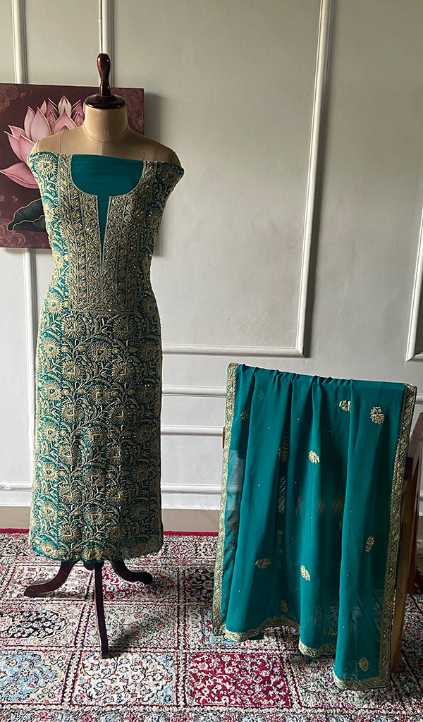 Women's Lakhnavi Handcrafted Pure Silk Georgette Chikankari Kurta And Dupatta Set - HONC0346865