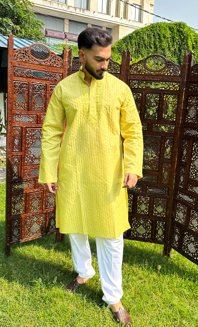 Men's Lucknowi Handcrafted Cotton Chikankari Kurta - HONC02606620
