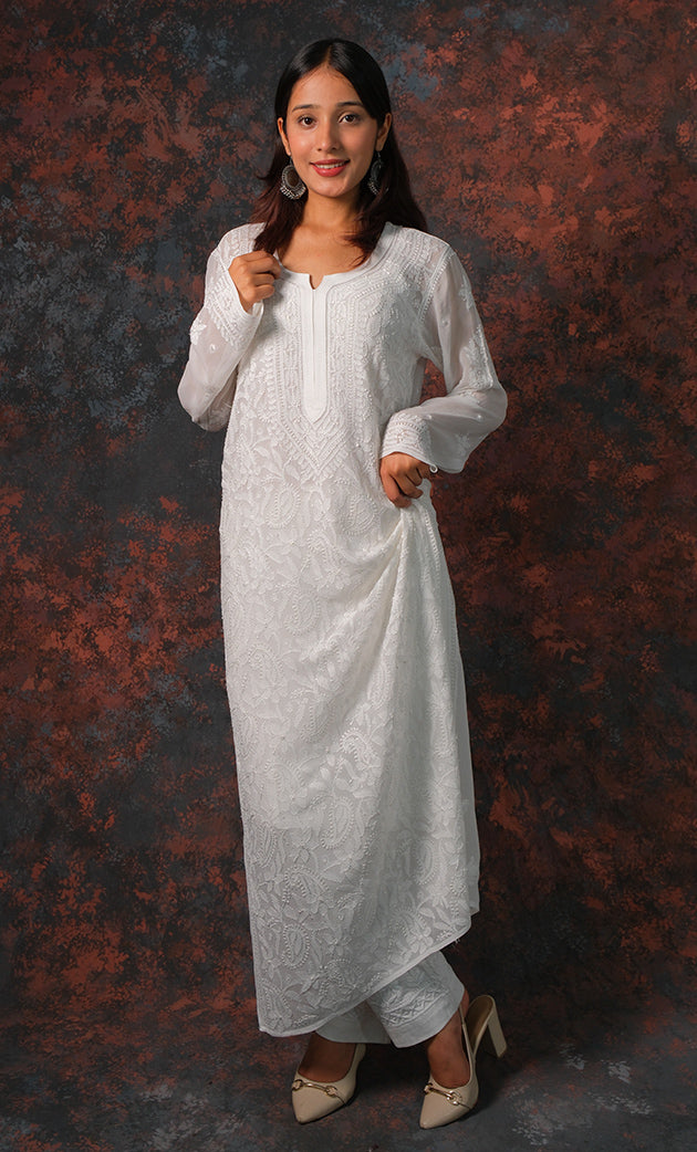 Safiya Women's Lakhnavi Handcrafted Viscose Georgette Chikankari Kurti - HONC0327258