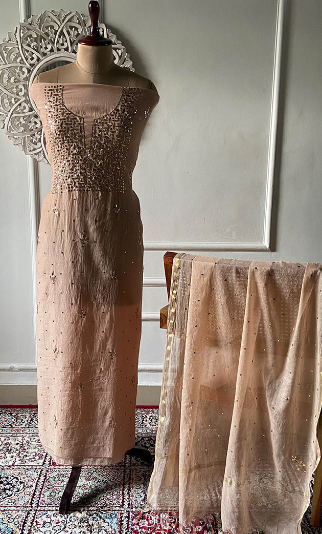 Women's Lakhnavi Handcrafted Mul Chanderi Unstitched Kurta And Dupatta Set- HONC0337823