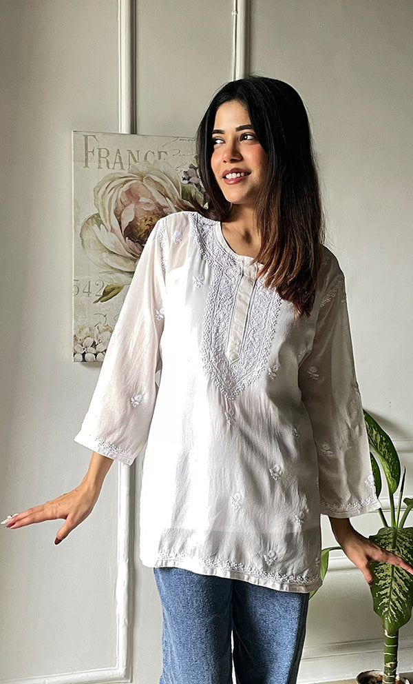Women's Lucknowi Handcrafted  Pure Georgette Chikankari Top - HONC0269334