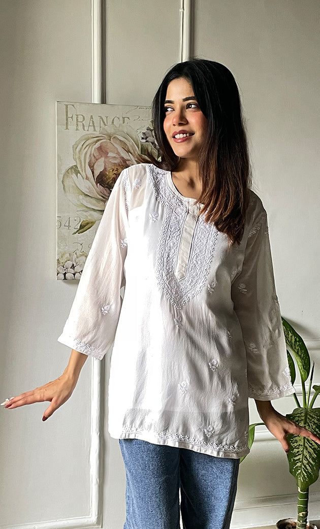 Women's Lucknowi Handcrafted  Pure Georgette Chikankari Top - HONC0269334