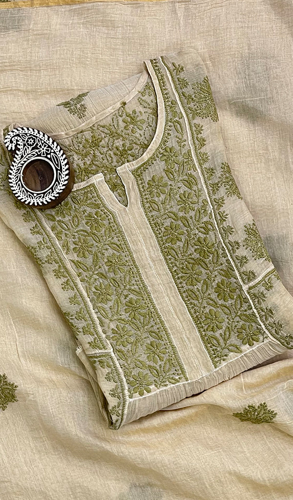 Women's Lakhnavi Handcrafted Tissue Chanderi Chikankari Semi Stitched Kurta And Dupatta Set - HONC0141409