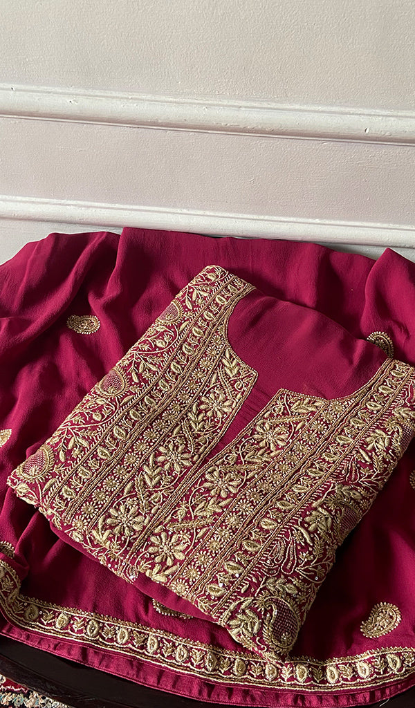 Women's Lakhnavi Handcrafted Pure Silk Georgette Chikankari Unstitched Kurta And Dupatta Set - HONC0329374