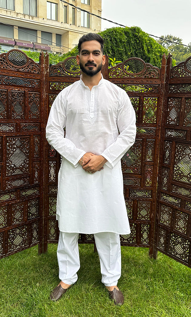 Men's Lucknowi Handcrafted Cotton Chikankari Kurta - HONC0325971