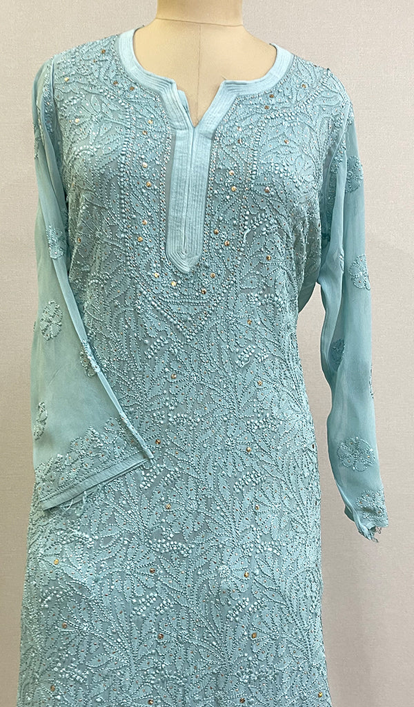 Women's Lucknowi Handcrafted Viscose Georgette Chikankari Kurta Gharara Set - HONC0195680