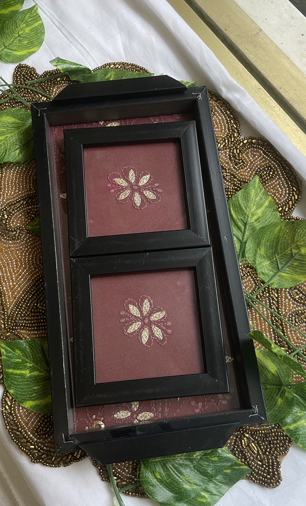 Handcrafted Chikankari Tray with Two Coasters – Wooden Frame - HONC0247266